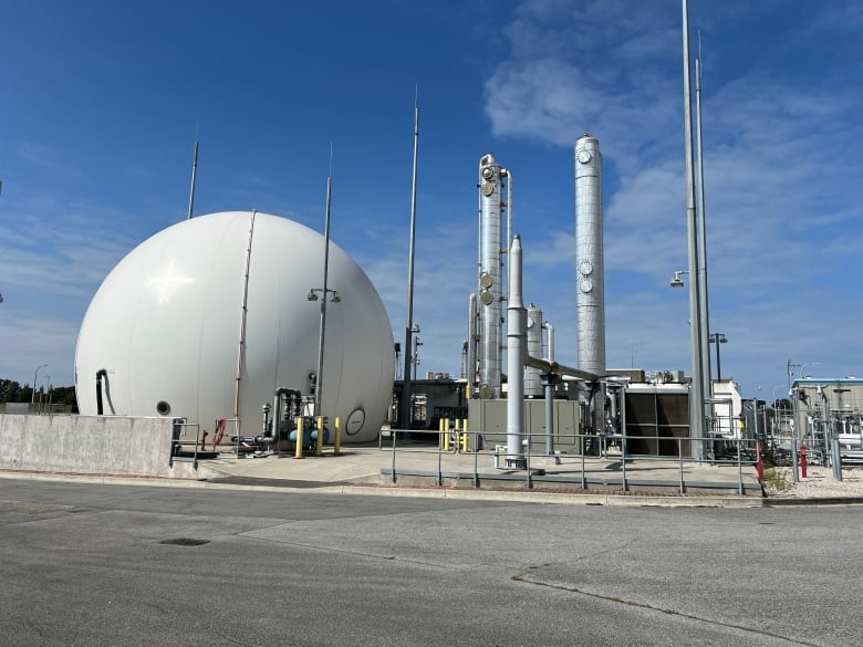 A series of cylindrical towers and a huge bubble at a sewage plant are framed against a blue sky