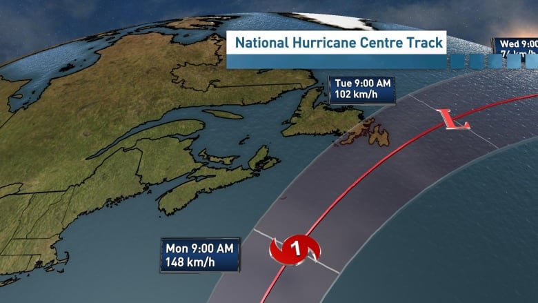 A hurricane track map of Atlantic Canada.