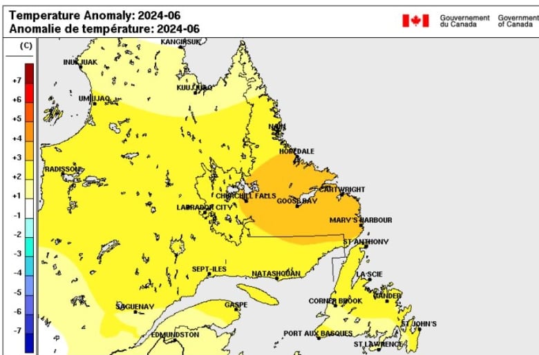 Map of Newfoundland and Labrador, that is mostly yellow, indicating higher than average temperatures. 