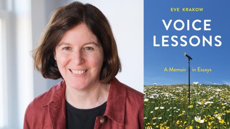 A white woman with a brown bob smiles at the camera. A book cover shows a microphone in a field of daisies. 