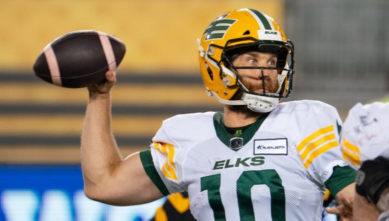 A white football player in uniform moves his arm back to throw the football.