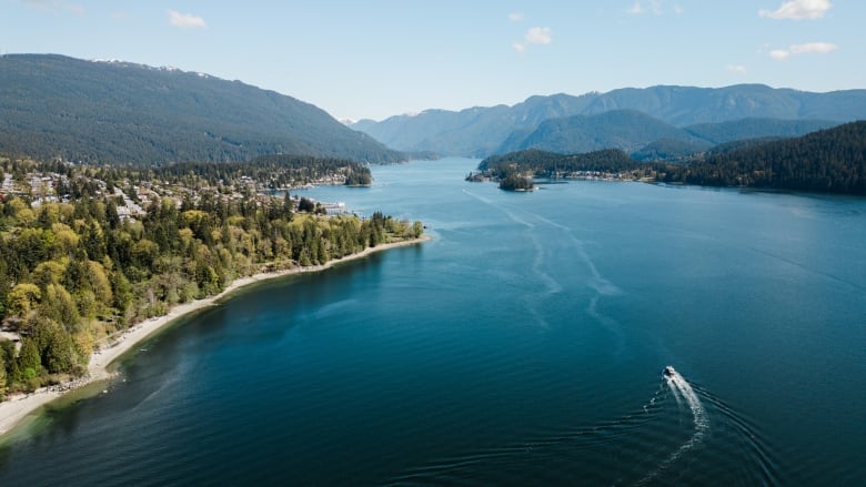 Aerial view of an inlet with a motorboat passing and forests, valley surrounding it.