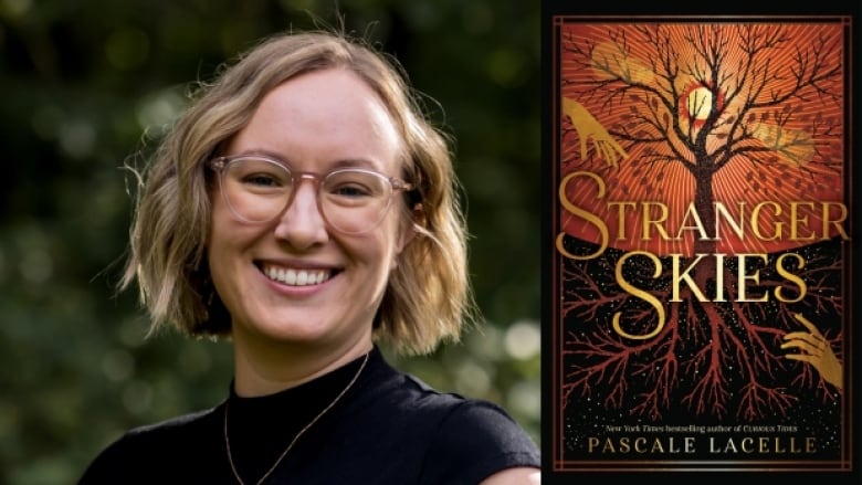 Stranger Skies by Pascale Lacelle. Illustrated book cover shows a tree and its roots system under on orange sky as two hands reach across on each side. Photo of the author.