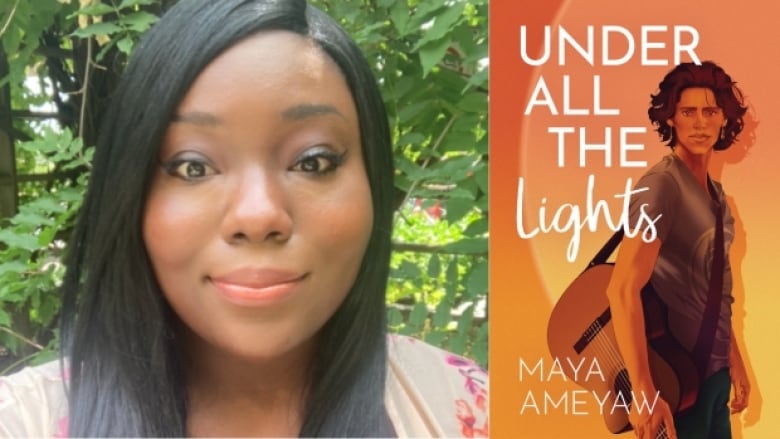 Under All the Lights by Maya Ameyaw. Illustrated book cover of a teenage boy holding a guitar. Photo of the author.