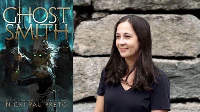 Ghostsmith by Nicki Pau Preto. Illustrated book cover shows a figure holding a sword with a deer skull on their head, flanked by two shadowy figures. Photo of the author.