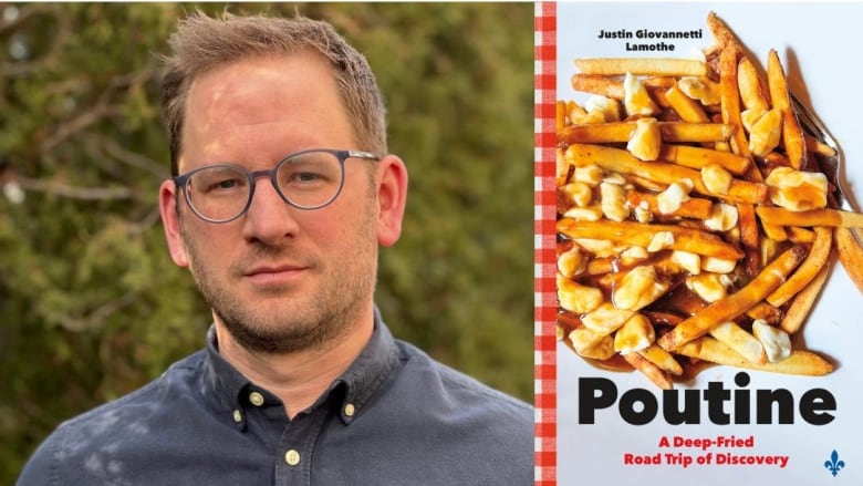 A white man with short blonde hair and glasses looks at the camera. A book cover shows a poutine.