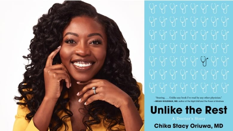 A Black woman with long curly brown hair smiles at the camera. A book cover shows several white stethoscopes in rows with one black one.