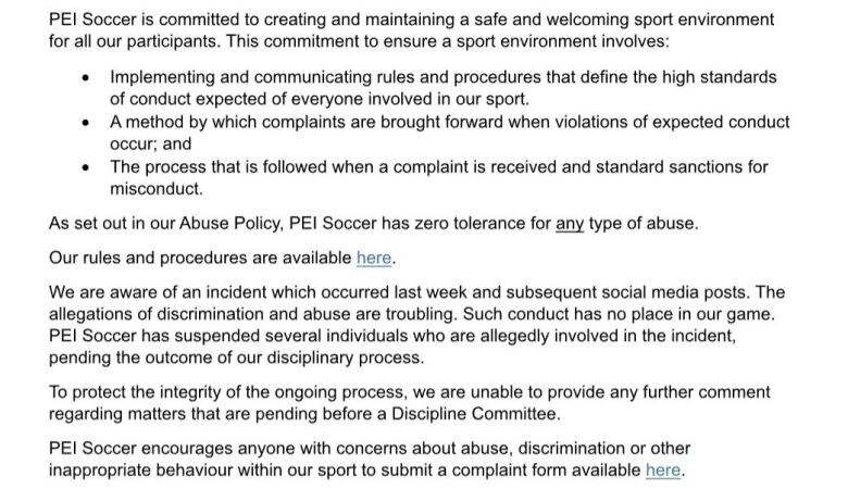 Text-only statement signed by P.E.I. Soccer Association president Lori Lund.