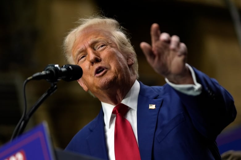 A person gestures while speaking into a microphone at a lectern.