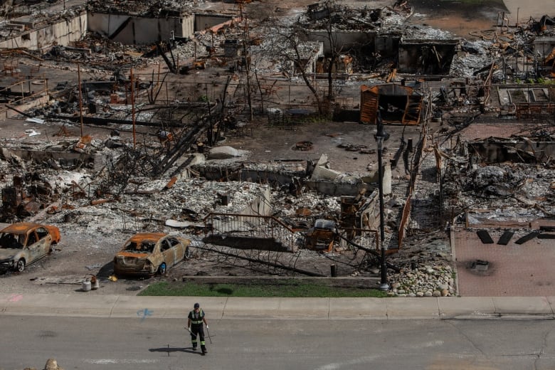 A worker walks through the wreckage of a devastated neighbourhood.