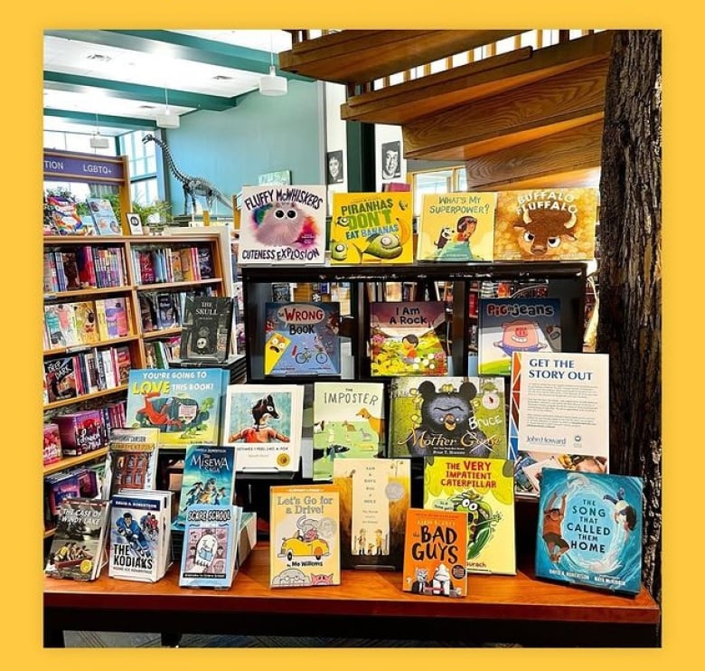 A table of kids books on display