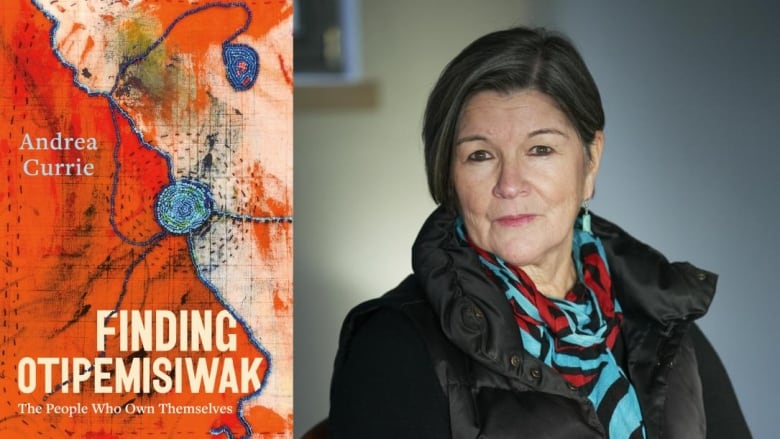 A book cover shows beaded stitching over a red canvas. An Indigenous woman with short black hair looks at the camera.