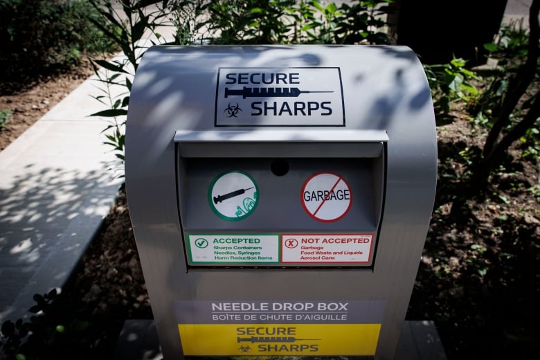 A bin for secure sharp needles.