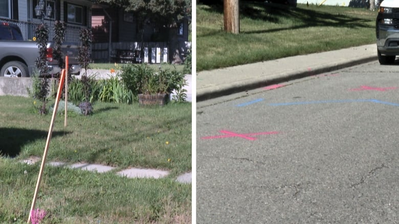 a lawn is pictured with wooden sticks poking into it. a road is also pictured with lines and Xs marked on the pavement with paint.