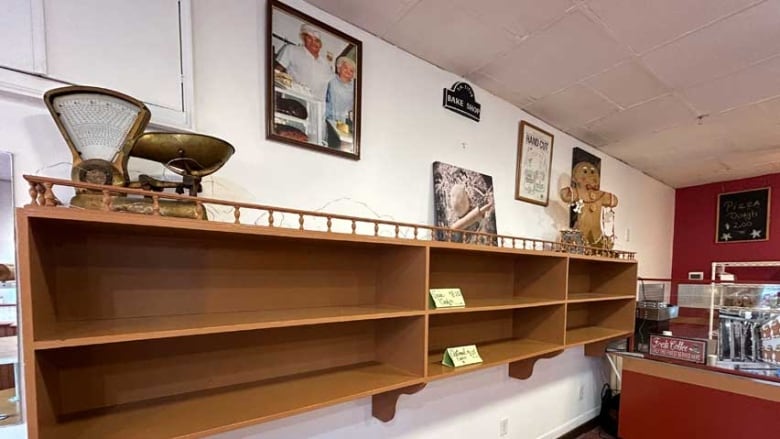 Empty shelves in a bakery.