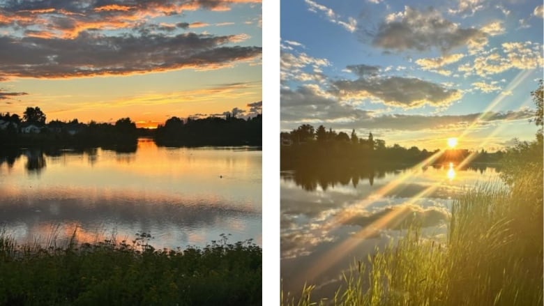 The sun sets over a lake bordered by trees.