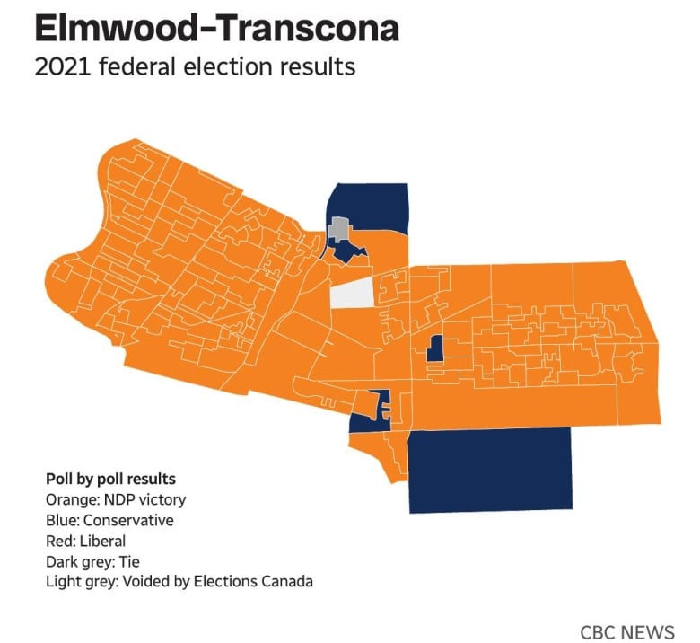 A poll-by-poll results map for Elmwood Transcona votes during the 2019 federal election. Most of the polls were won by the NDP.