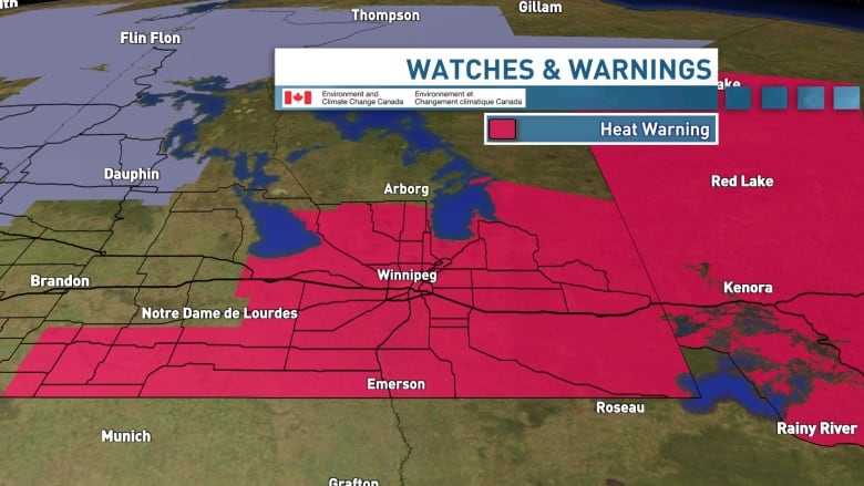 A map shows areas in red in southern Manitoba and northwestern Ontario that are under a heat warning.