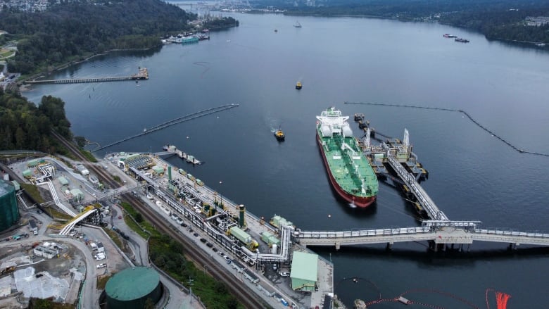 A ship is seen docked at a terminal with large industrial buildings visible.