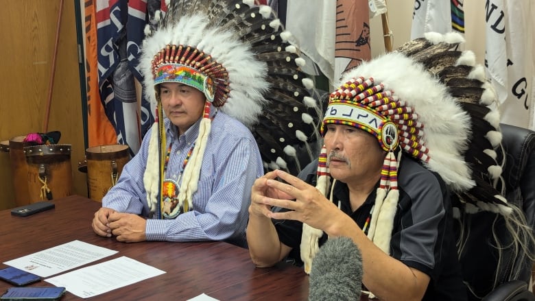 Federation of Sovereign Indigenous Nations Chief Bobby Cameron (left), Prince Albert Grand Council Chief Brian Hardlotte and other leaders called on the federal and provincial governments to cease all taxation of First Nations people. They note the numbered treaties exempted First Nations people from taxes.