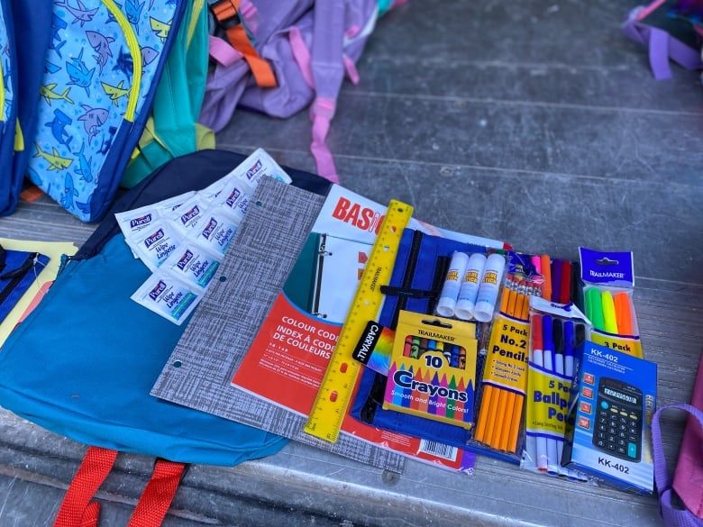 Some school supplies like a binder, paper, markers, pencils and a calculator are laid out to show what's inside a backpack for school.