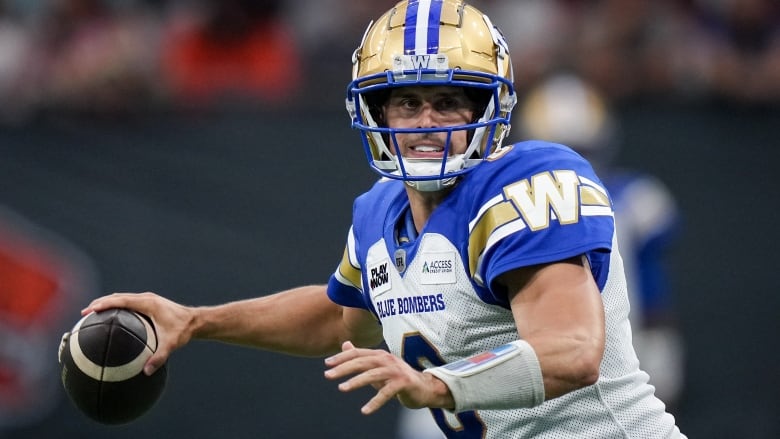 A quarterback holds onto a football in preparation to throw it.