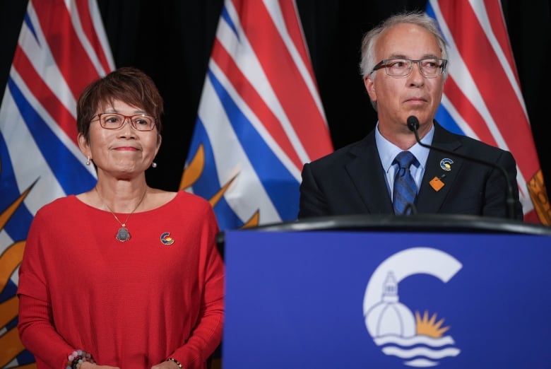 An East Asian woman with short hair smiles next to a man who is looking to his left at a podium. Flags of B.C. are seen behind both people.