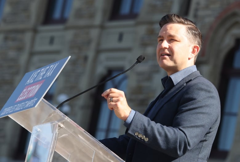 Conservative Party Leader Pierre Poilievre speaks at a press conference on Parliament Hill in Ottawa on Thursday, Aug. 29, 2024.