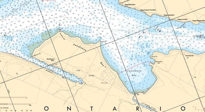 A chart from the Canadian Hydrographic Service showing the area of Constance Bay that borders on the navigable reach of the Ottawa River.