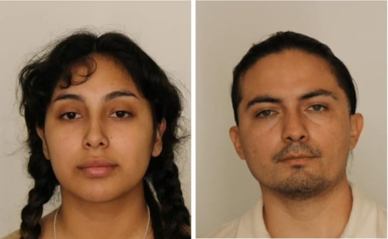 Two mug shots side by side, a woman on the left and a man on the right.