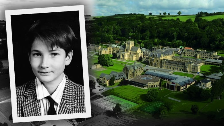 A photo illustration showing a boy's school picture over a background with a sprawling countryside estate.