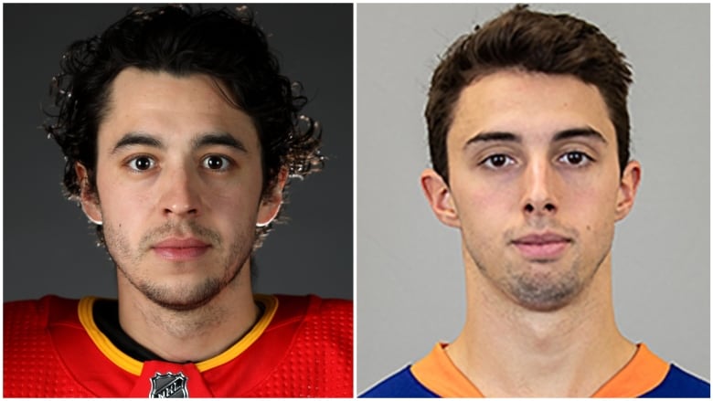 Headshots of two brothers who are wearing hockey jerseys.