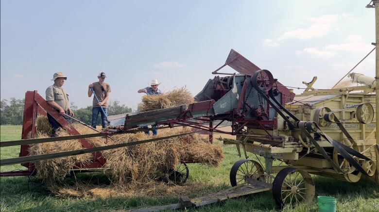 Three men load wheat into a wooden 1909 Avery Threshing Machine.