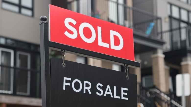 A red 'Sold' sign atop a black for sale sign in front of a home.