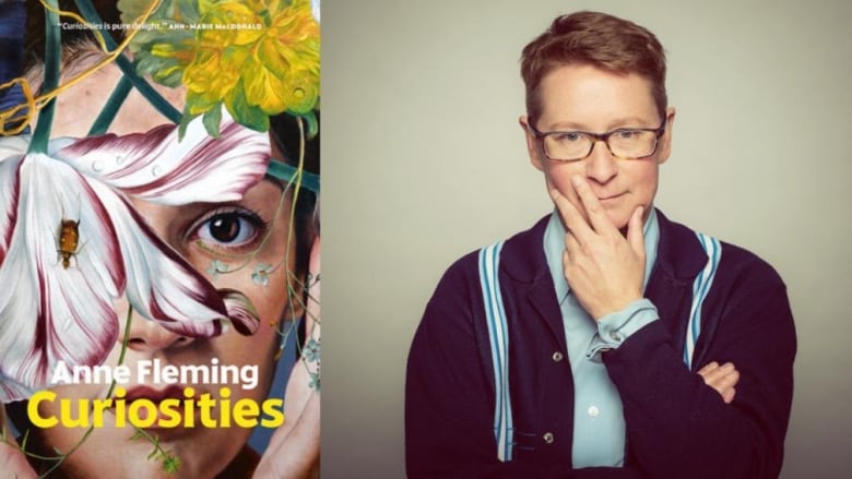 A book cover of a person's face partially obscured by colourful flowers. A white woman with short hair and glasses wearing a button-down and glasses with her hand on her face. 