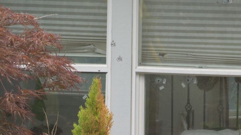 Bullet holes visible around a house window.