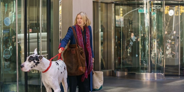 A white woman dressed for autumn holds the leash of a Great Dane.