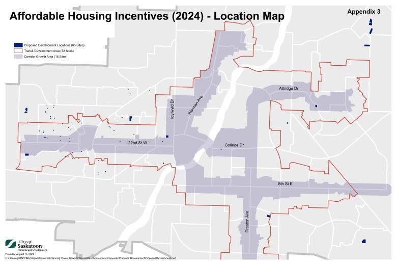 a map shows locations of affordable housing project in saskatoon