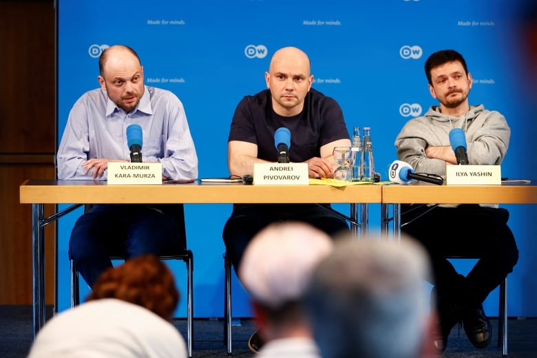 Russian dissidents Ilya Yashin, Vladimir Kara-Murza and Andrei Pivovarov hold a press conference after being freed in a multi-country prisoner swap in Bonn, Germany, August 2, 2024. 