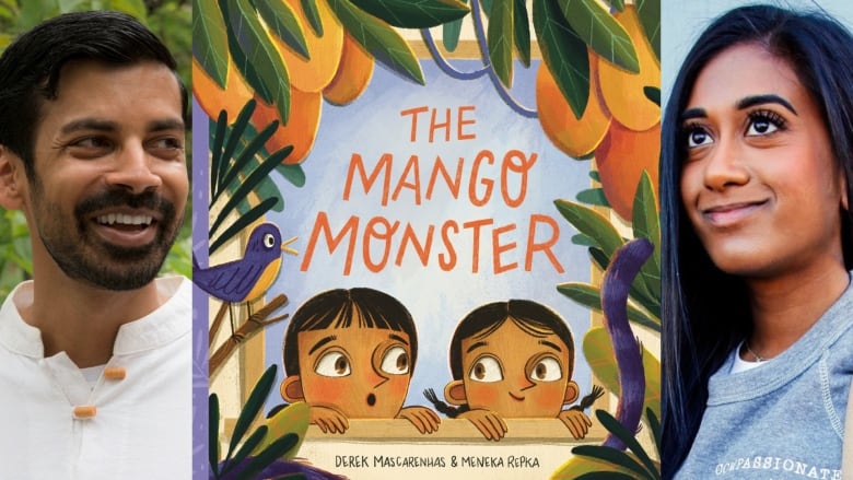 Book cover of The Mango Monster by Derek Mascarenhas, illustrated by Meneka Repka, showing two children looking out of a window, surrounded by mangos. The book's creators are also pictured.