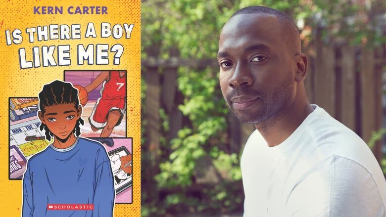 A book cover of Is There a Boy Like Me? by Kern Carter, showing a young boy surrounded by images from his life such as basketball and homework. The book's author is also pictured.