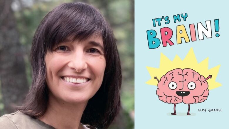 A book cover of It's My Brain! by Elise Gravel, showing an illustration of a brain who is smiling with it's arms in the air. The book's author is also pictured. 