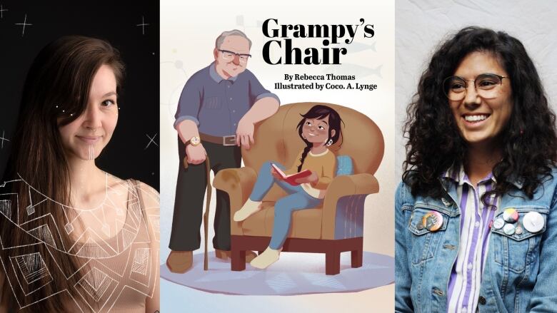 A book cover of Grampy's Chair by Rebecca Thomas, illustrated by Coco Lynge, showing a young girl sitting on a chair holding a book, looking up at her grandfather who is standing next to the chair with a walking stick. The book's creators are also featured. 