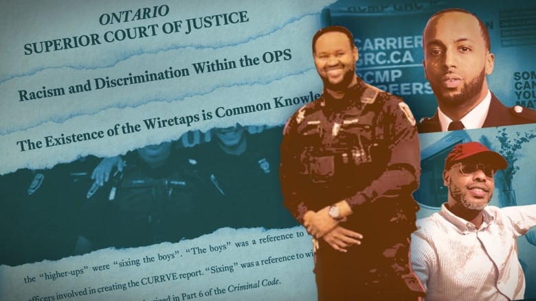 A graphic showing three images of black men with a court document torn up on the left, reading 'Ontario Superior Court of Justice' and 'Racism and Discrimination Within the OPS.'