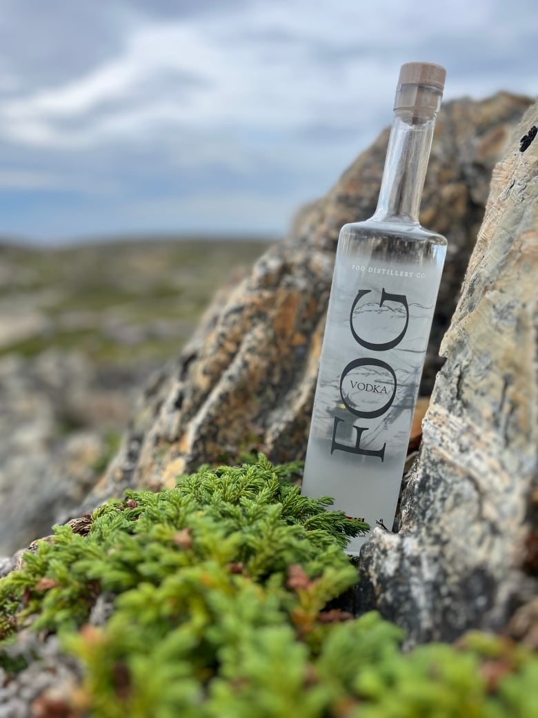 A bottle of Fog Vodka is resting on a rock in Newfoundland and Labrador. 