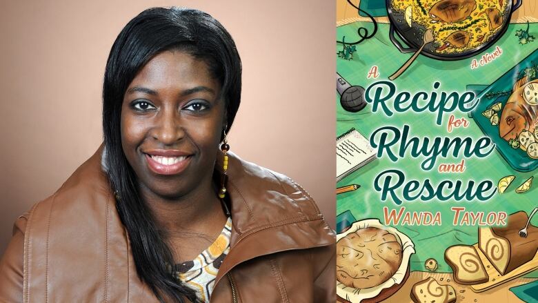 The book cover of A Recipe for Rhyme and Rescue by Wanda Taylor showing a table with food on it, as well as a microphone and a notebook. The book's author is also pictured.