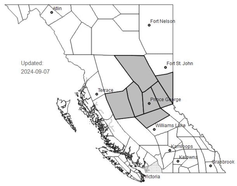 A map of British Columbia showing shaded regions in the north-central and northeast portions affected by bad air quality.