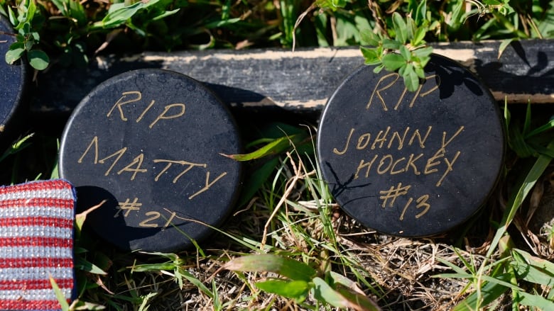 Two hockey pucks inscribed with messages lay on grass.