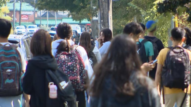 Photos of students outside a school building