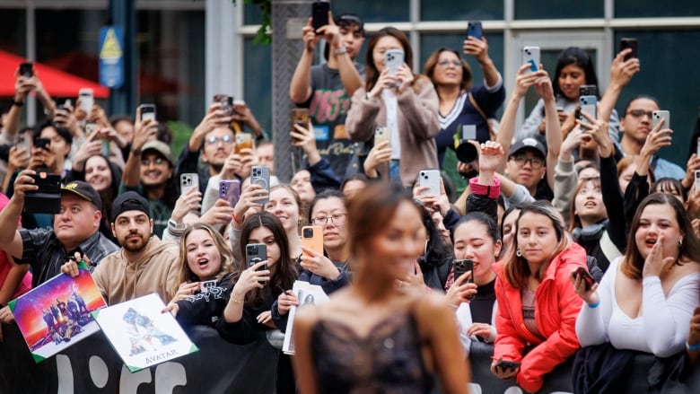 People behind a barricade hold up their phones to take pictures of an actress wearing a fabulous dress on the red carpet.